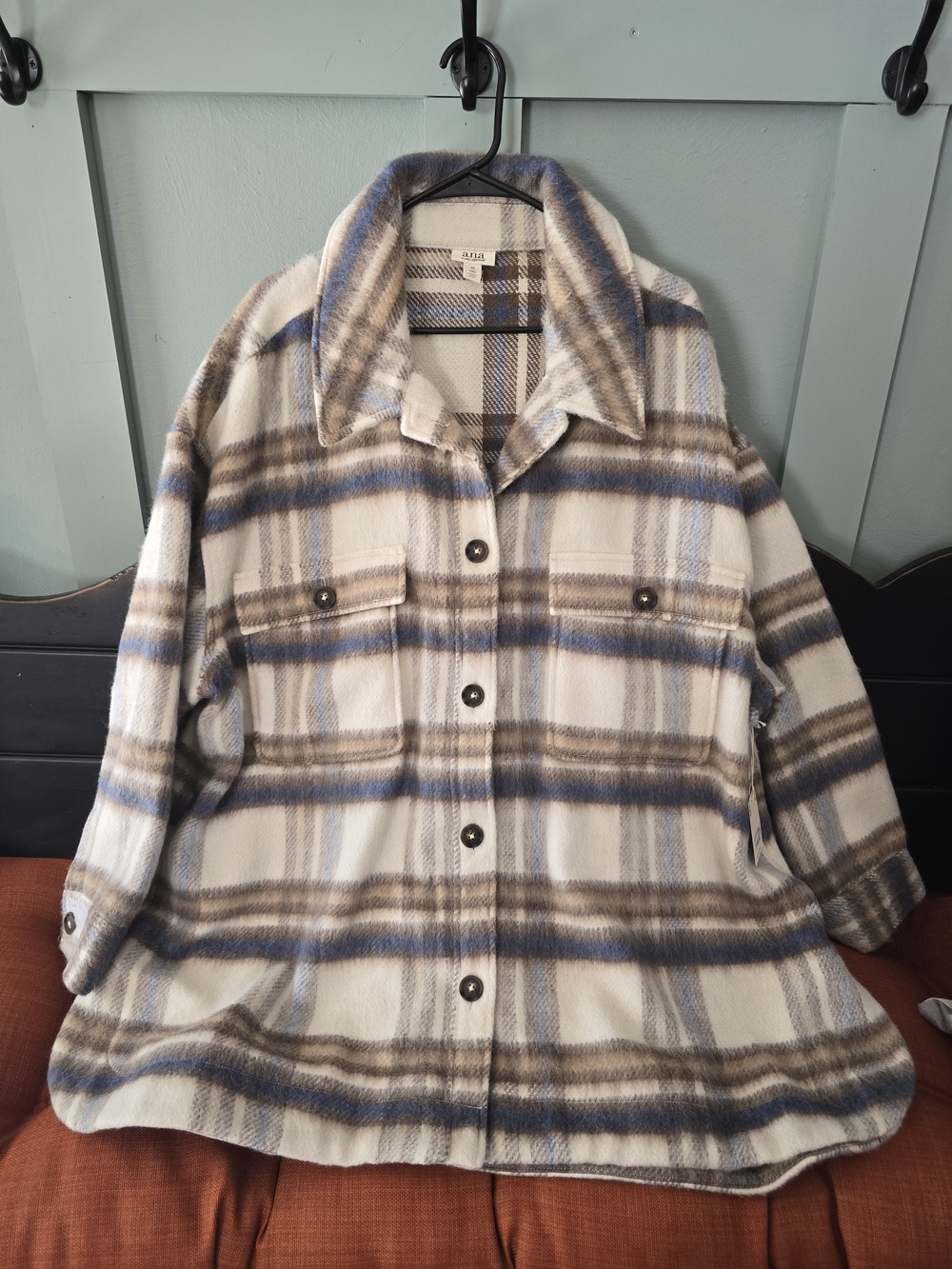 a.n.a Neutral Plaid Jacket Cream & Blue 4X NWT